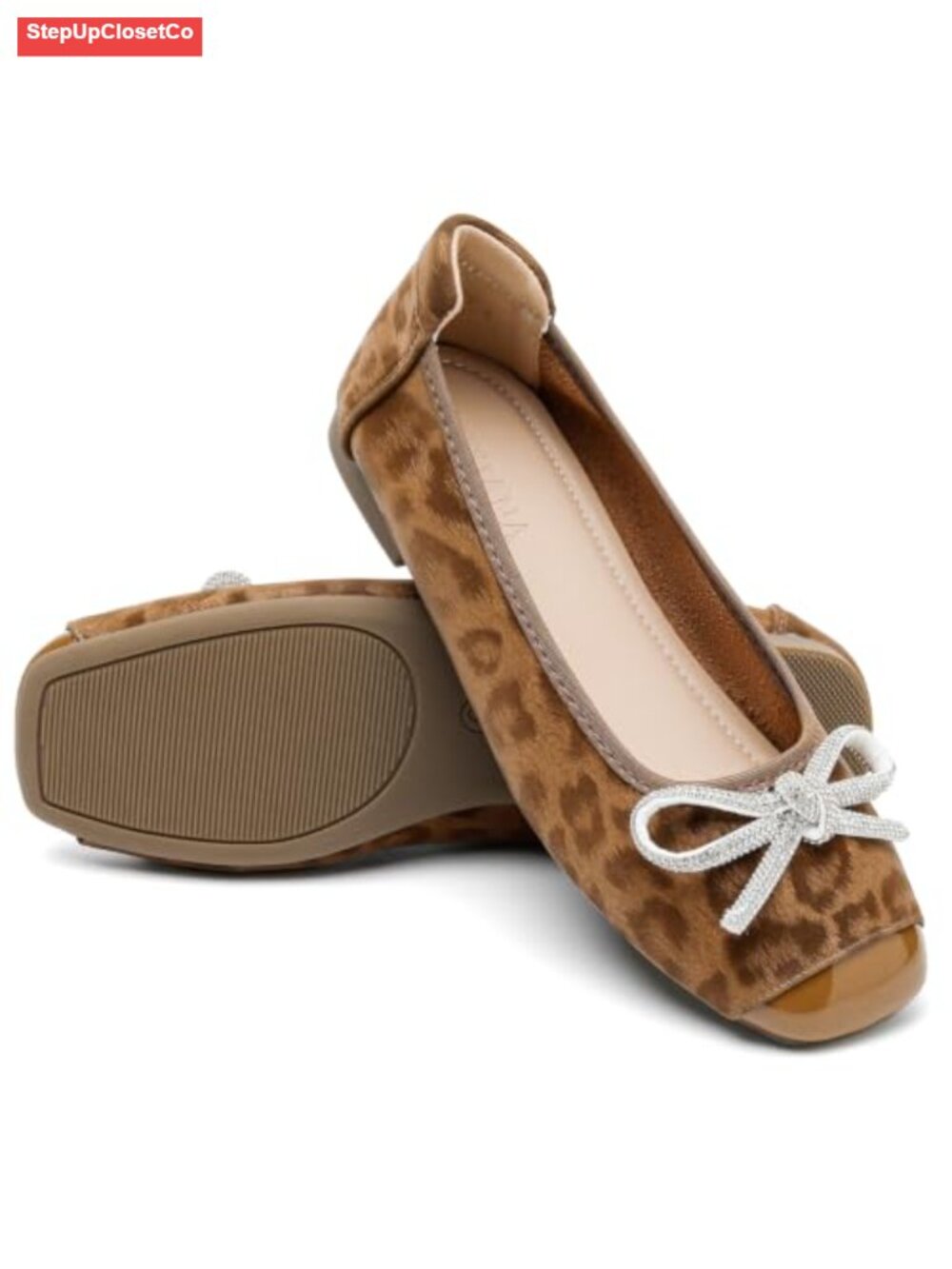Women's Leopard Ballet Flats Square Toe Synthetic Leather Slip On - Picture 2 of 6